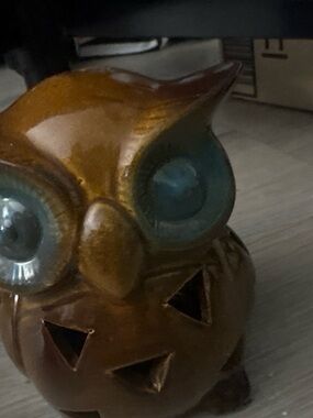 Handcrafted Ceramic Owl Figurine in Brown with Blue Eyes